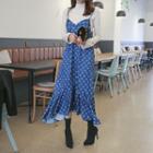 Spaghetti-strap Flounced Patterned Long Dress