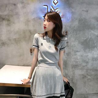 Set: Short-sleeve Knit Polo Shirt + Pleated Skirt