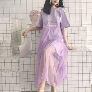 Mesh Panel Lettering Short-sleeve Midi T-shirt Dress