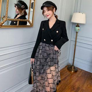 Set: Double-breasted Blazer + Spaghetti Strap Midi Mesh Dress