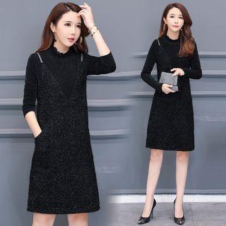 Long-sleeve Mock Two Piece Glitter A-line Dress