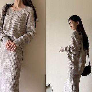 Set: Slit-hem Cable-knit Top + Midi Skirt