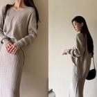 Set: Slit-hem Cable-knit Top + Midi Skirt