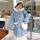 Faux Fur Trim Hooded Snowflake Print Toggle Coat Blue - One Size