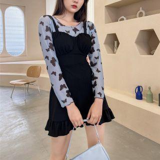 Long-sleeve Butterfly Print Panel Swim Dress