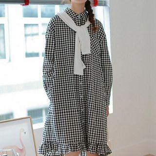 Long-sleeve Plaid Midi Dress Plaid - Black & White - One Size