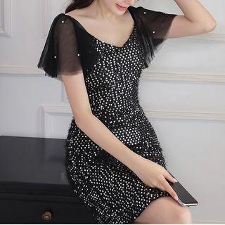 Sheer Panel Rhinestone Sheath Dress
