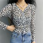 V-neck Printed Leopard Long-sleeve Top As Shown In Figure - One Size