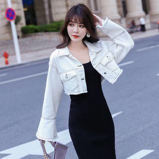Long-sleeve Color Block Cropped Denim Jacket