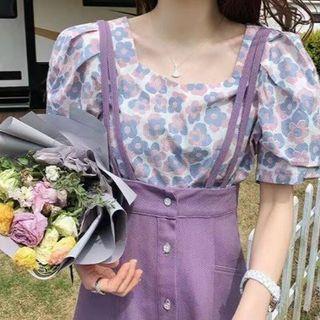 Puff-sleeve Floral Blouse / Suspender Midi A-line Skirt