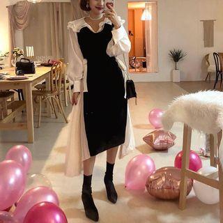 Ruffle Collar Blouse / Pleated Panel Pinafore Dress
