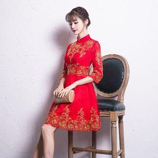 Embroidered Elbow-sleeve A-line Cocktail Dress