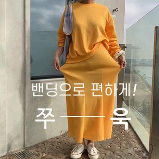 Set: Drop-shoulder Top + Band-waist Long Skirt