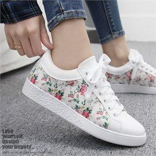 Flower Print Synthetic-leather Sneakers