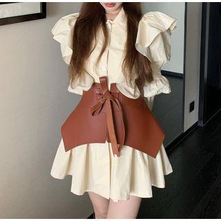 Puff-sleeve Plain Ruffled Mini Dress / Corset