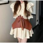 Puff-sleeve Plain Ruffled Mini Dress / Corset