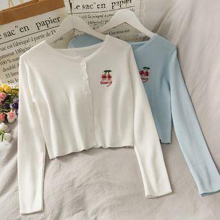 Cherry-embroidered Button-down Crop Knit Top
