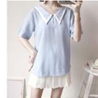 Contrast Trim Collared Short-sleeve T-shirt / High Waist Pleated Skirt