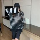 Striped Panel Round Neck Sweater As Shown In Figure - One Size