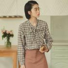 Bow Accent Plaid Blouse Coffee - One Size