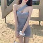 Asymmetrical Shirred Mini Bodycon Dress