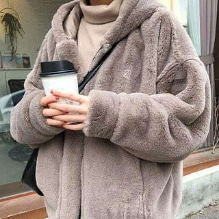Faux Fur Zip Hooded Jacket 17648 - Purplish Gray - One Size