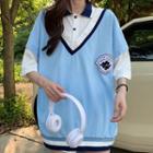 Mock Two-piece Elbow-sleeve Embroidered Polo Shirt