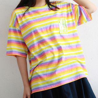 Elbow-sleeve Appliqu Striped T-shirt
