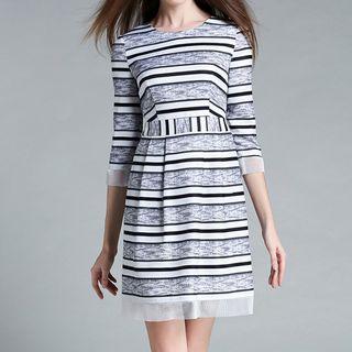 Mesh Trim Striped 3/4 Sleeve A-line Dress