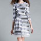 Mesh Trim Striped 3/4 Sleeve A-line Dress