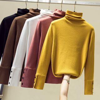 Buttoned Turtleneck Rib Knit Top