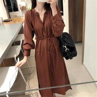 Balloon-sleeve Tie-front Midi Shirtdress