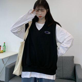 Long-sleeve Plain T-shirt / Lettering Print Vest