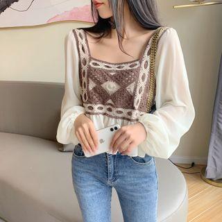 Square-neck Crochet Panel Blouse