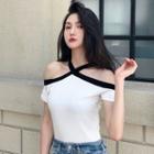 Halter Cold-shoulder Short-sleeve T-shirt