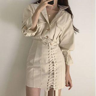 Plain Button Blazer / Lace Up Pencil Skirt