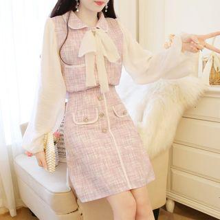 Set: Mock Two-piece Tie-neck Top + Buttoned A-line Skirt