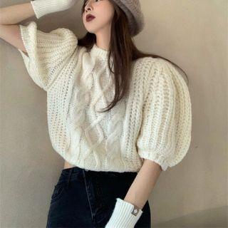 Puff-sleeve Cable Knit Cropped Sweater Beige - One Size