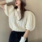 Puff-sleeve Cable Knit Cropped Sweater Beige - One Size
