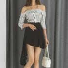 Set: Off Shoulder Pinstriped Blouse + A-line Skirt