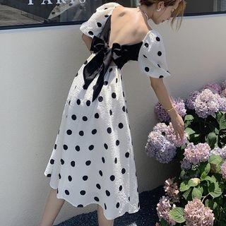 Puff-sleeve Dotted Midi A-line Dress Almond - One Size