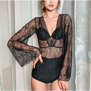 Set: Bikini Top + Long-sleeve Lace Swimsuit