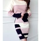 Set: Round-neck Contrast-trim Knit Top + Band-waist Skirt Pink - One Size