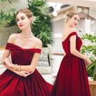 Short-sleeve Off Shoulder Knotted Velvet A-line Party Dress
