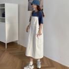 Elbow-sleeve Plain T-shirt / Denim A-line Midi Pinafore Dress