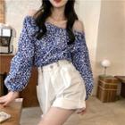 Long-sleeve Off-shoulder Floral Print Top / Plain Shorts