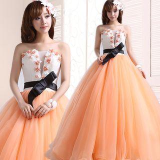 Lace Panel Bow Accent Evening Gown