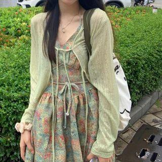Spaghetti-strap Halter Mini A-line Dress / Tie-front Cardigan
