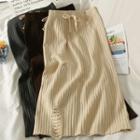 Distressed Ribbed-knit Midi Skirt