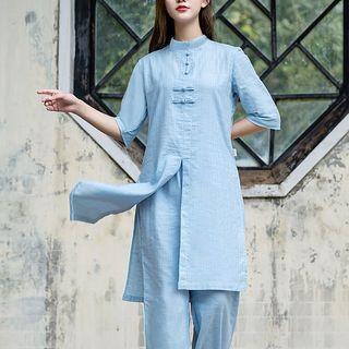 Set: Plain Elbow-sleeve Chinese Traditional Blouse + Lace-up Harem Pants